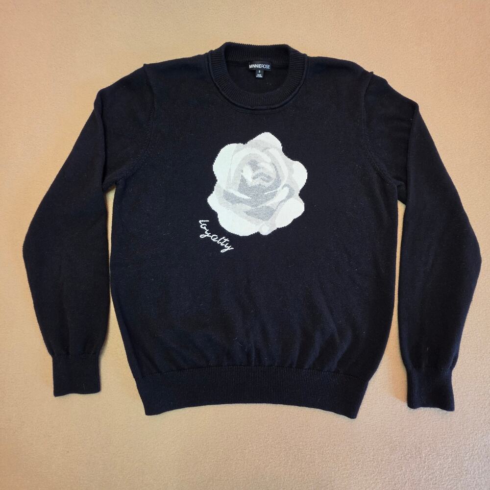 Minnie Rose Cotton Cashmere Intarsia Rose Loyalty Sweater Black Sz Small